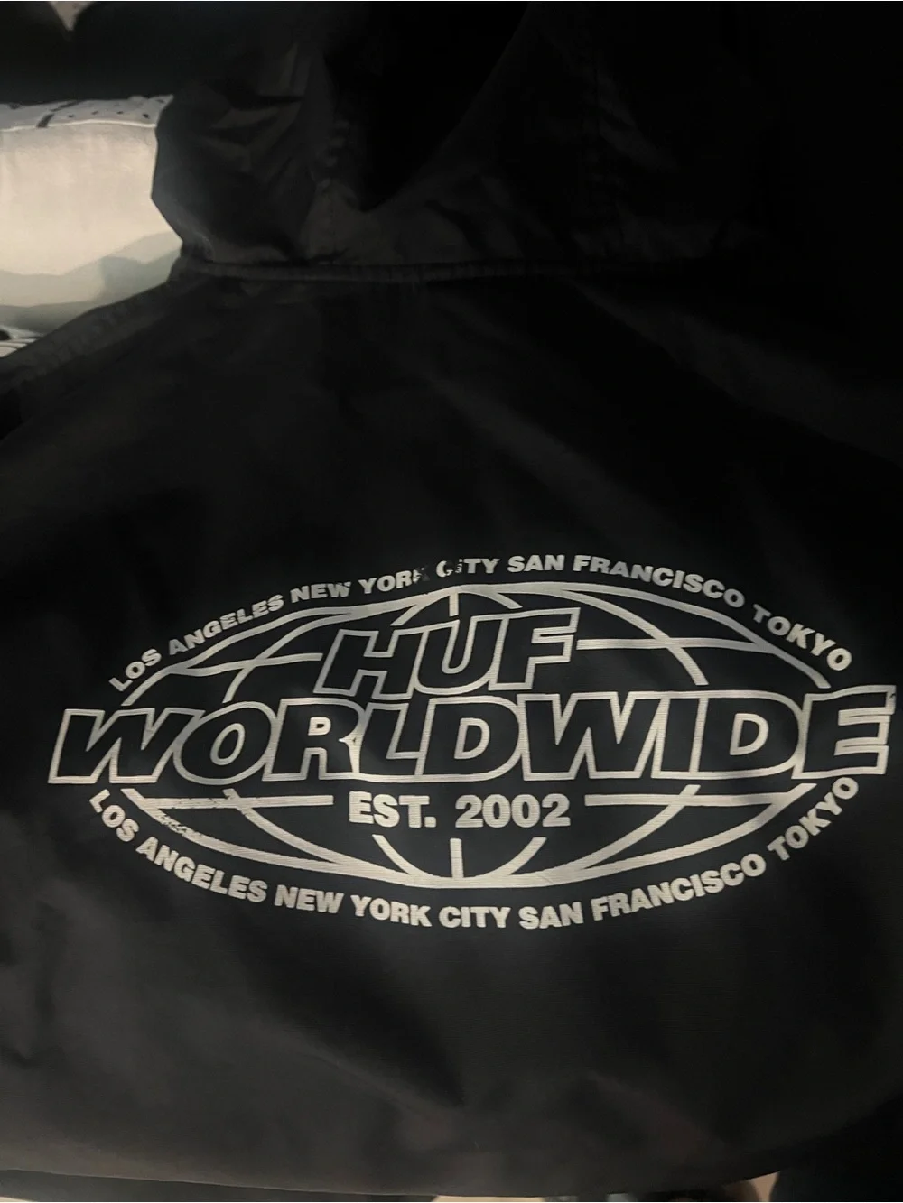 HUF Black Hooded Rain Jacket with White Worldwide Logo size Medium